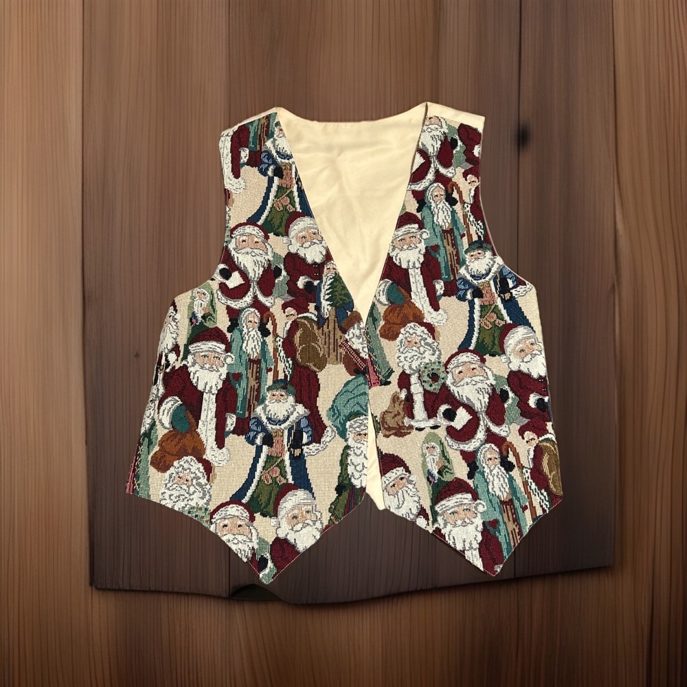 Tapestry‎ Santa Claus Vest Cream Red Festive Holiday Christmas Grandmacore Vtg